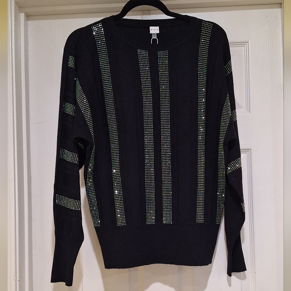❤️❤️SOLD❤️❤️NWT - VILA Black Crew Neck Rhinestone Sweater Sz. Oversized Medium - Picture 8 of 8